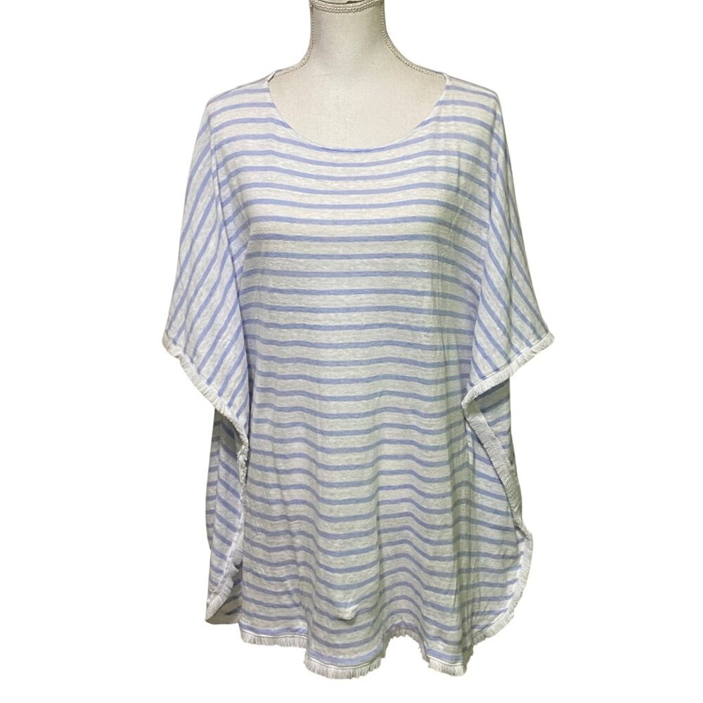 J Jill Coastal Boho Poncho Style Top M L‎ Striped Fringed Layering Piece Summer